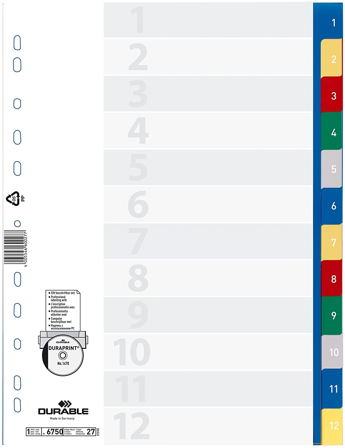 Divider Durable A4 Pp Numerical 1-12 Assorted 6750-27
