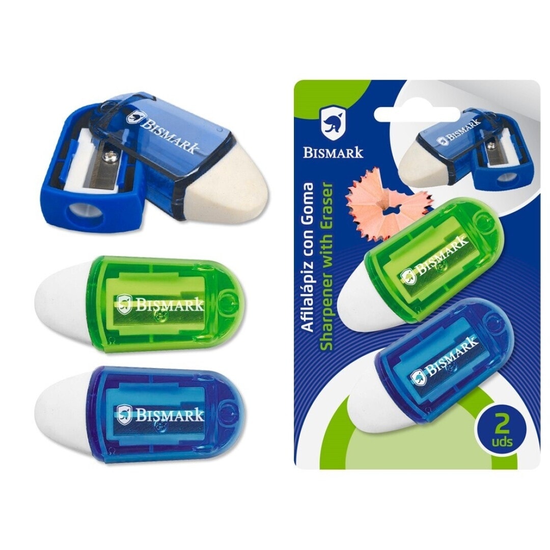 Sharpener And Eraser Bismark 2/Pack Blue + Green Blister 332560