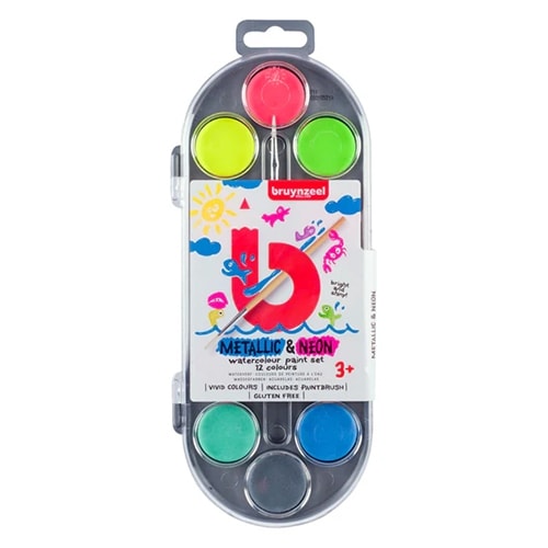 Watercolour Paint Set Bruynzeel | 12 metallic & neon colours + brush